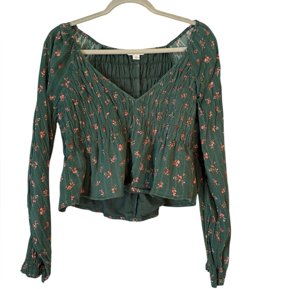 American Eagle Smocked Long-Sleeve Green Blouse